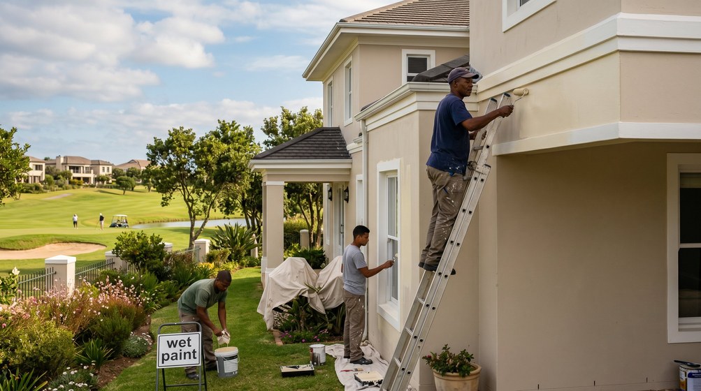 Professional estate painters painting a luxury golf estate home on the False Bay coast