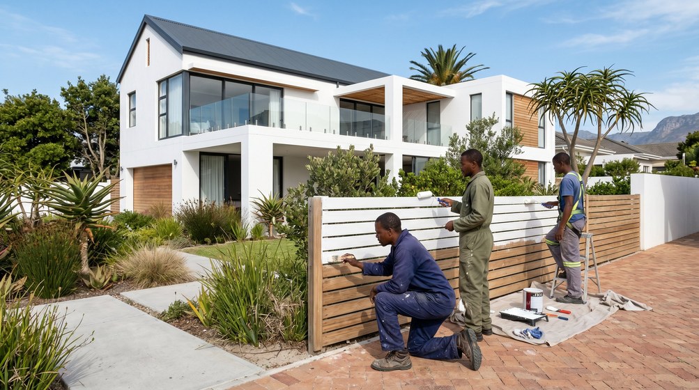 Professional fence painters painting a wooden fence at a coastal home in Fish Hoek
