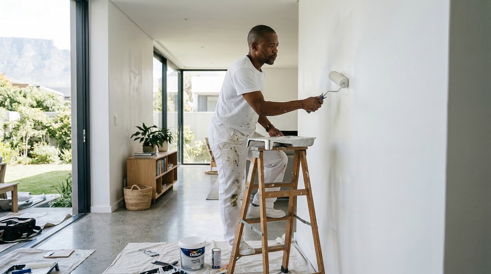 Professional interior painter in Fish Hoek painting walls with a roller