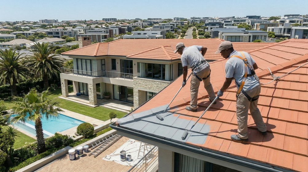 Professional roof painters applying waterproof coating to tiled roof in Fish Hoek
