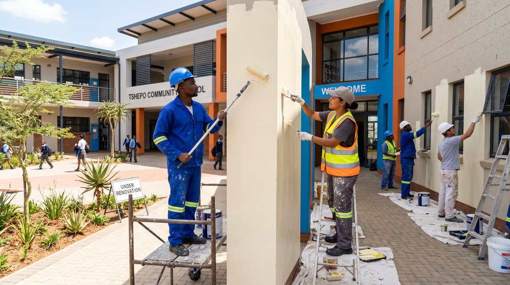 Professional school painting team painting a community school on the False Bay coast