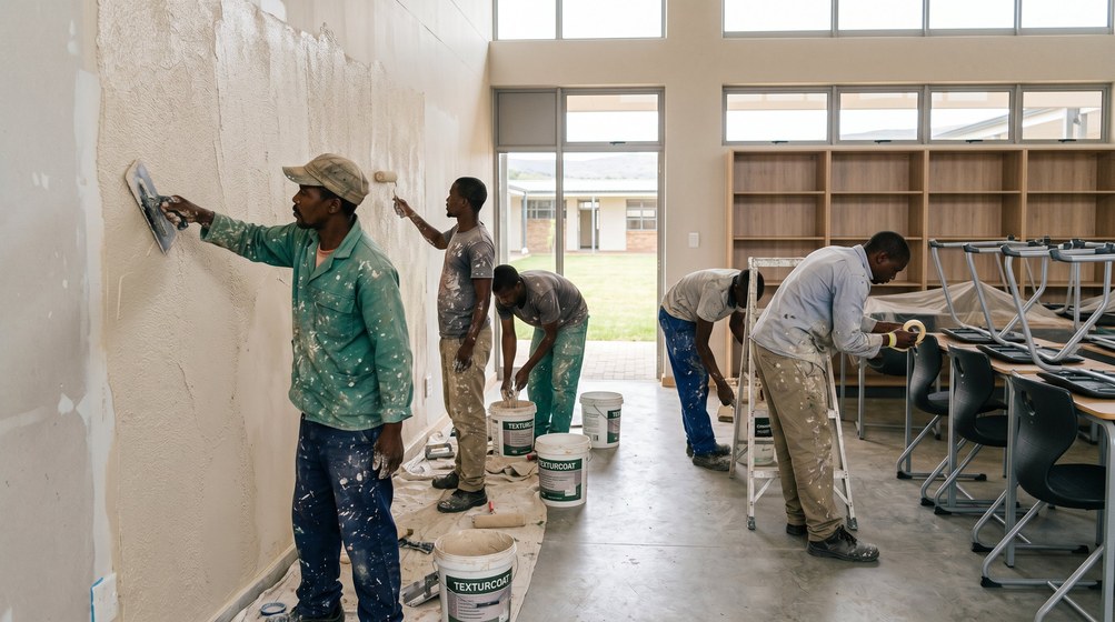 Professional texture coating team applying Texturcoat to interior walls in Fish Hoek