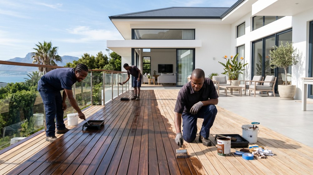 Professional wood staining team applying deck stain overlooking the ocean in Fish Hoek